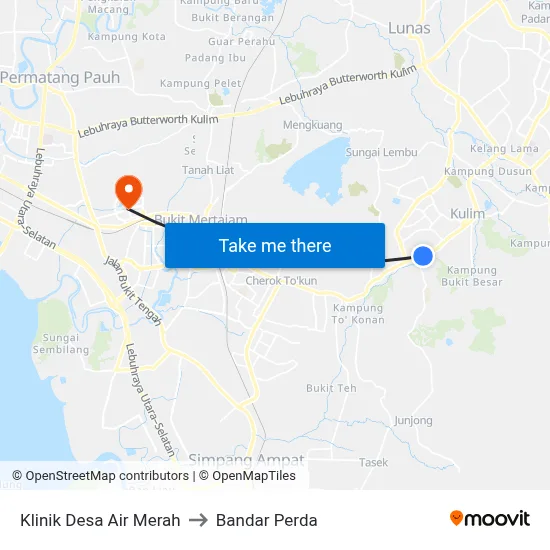 Klinik Desa Air Merah to Bandar Perda map