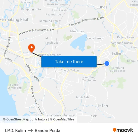 I.P.D. Kulim to Bandar Perda map