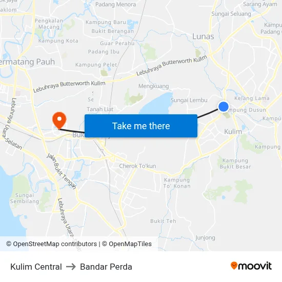 Kulim Central to Bandar Perda map