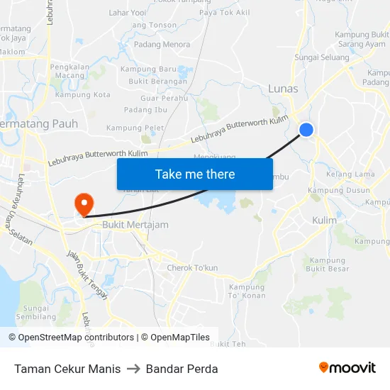 Taman Cekur Manis to Bandar Perda map