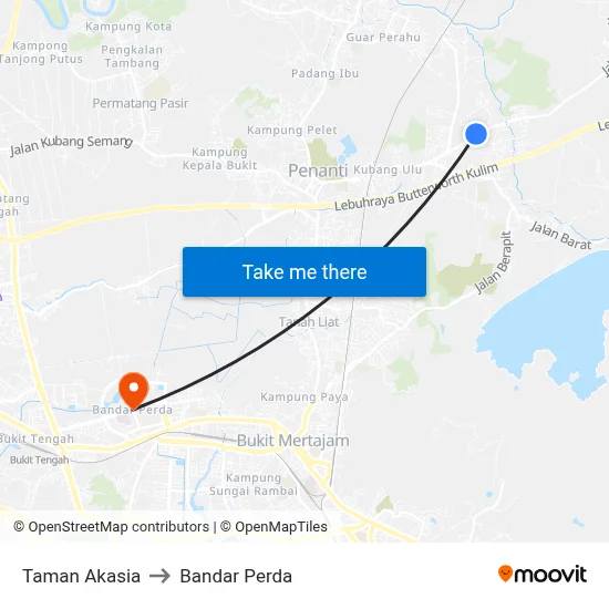 Taman Akasia to Bandar Perda map