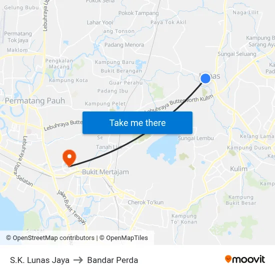 S.K. Lunas Jaya to Bandar Perda map