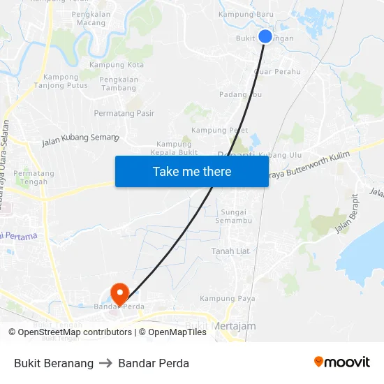 Bukit Beranang to Bandar Perda map