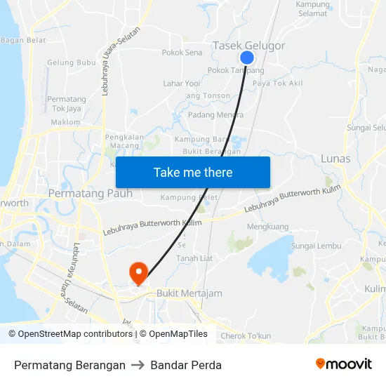 Permatang Berangan to Bandar Perda map