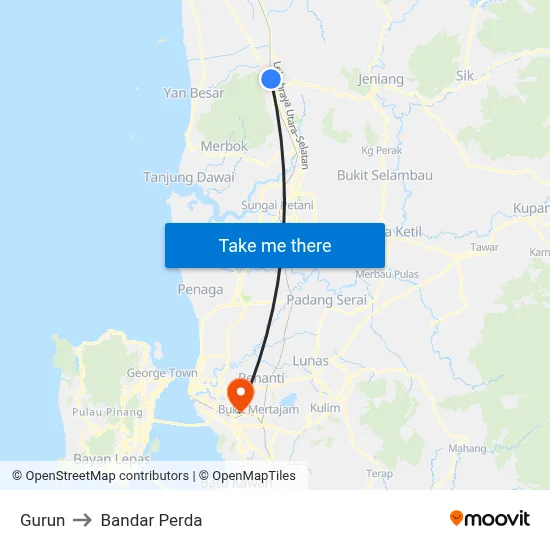 Gurun to Bandar Perda map