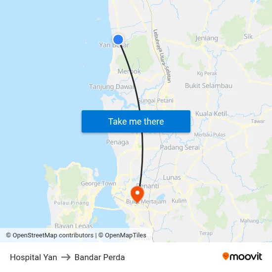 Hospital Yan to Bandar Perda map
