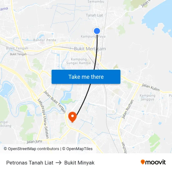 Petronas Tanah Liat to Bukit Minyak map