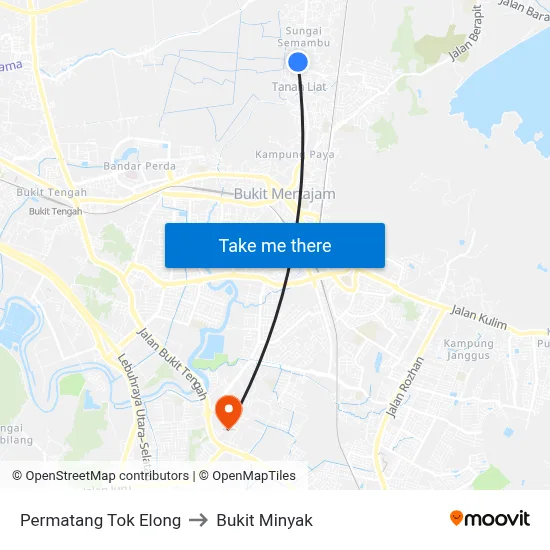 Permatang Tok Elong to Bukit Minyak map
