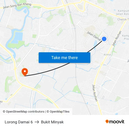 Lorong Damai 6 to Bukit Minyak map