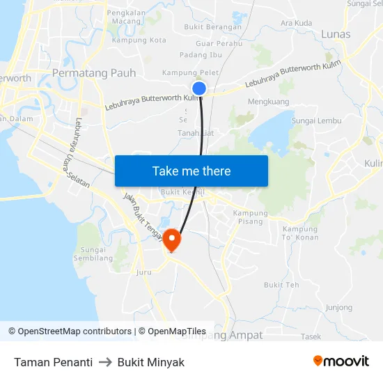 Taman Penanti to Bukit Minyak map