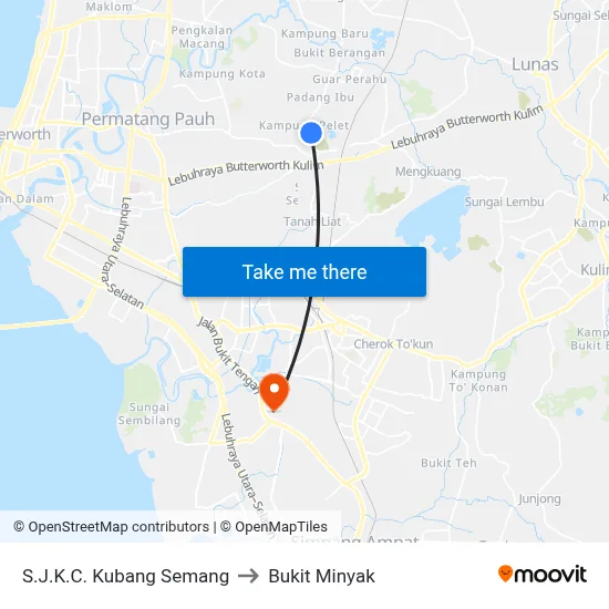 S.J.K.C. Kubang Semang to Bukit Minyak map