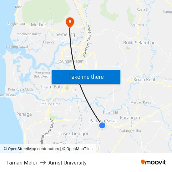 Taman Melor to Aimst University map
