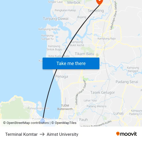 Terminal Komtar to Aimst University map
