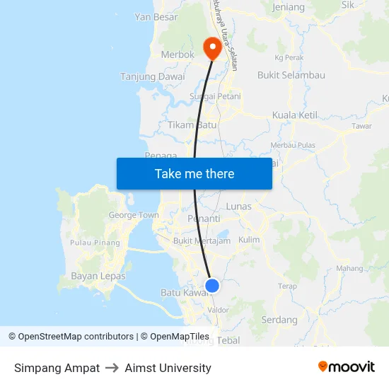 Simpang Ampat to Aimst University map