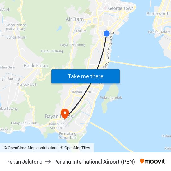 Pekan Jelutong to Penang International Airport (PEN) map