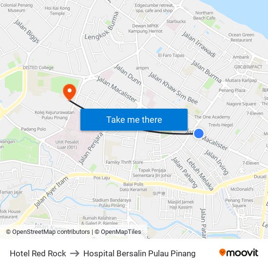 Hotel Red Rock to Hospital Bersalin Pulau Pinang map