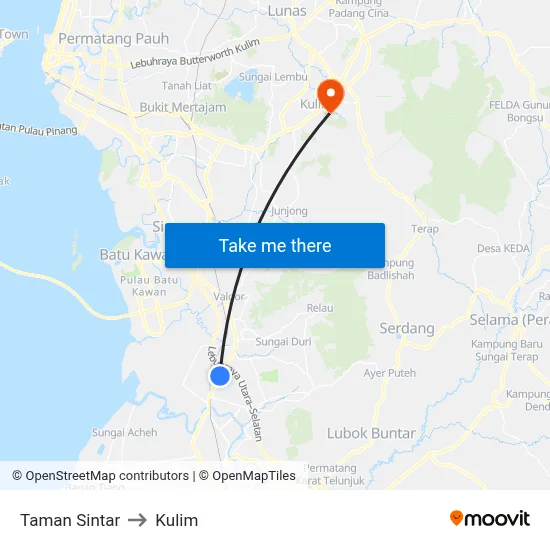 Taman Sintar to Kulim map