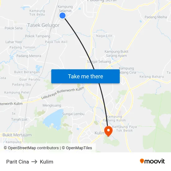 Parit Cina to Kulim map