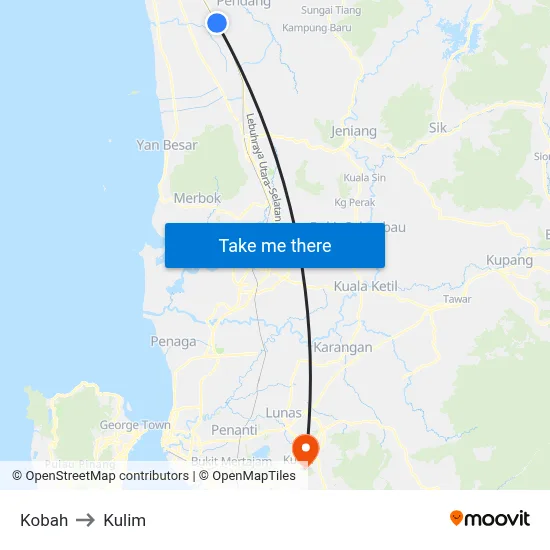 Kobah to Kulim map