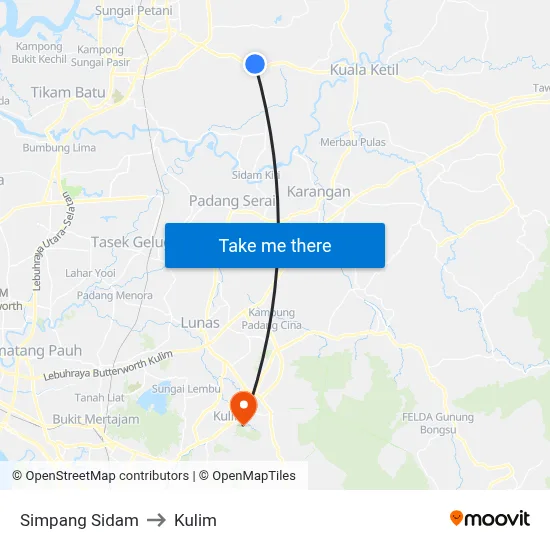Simpang Sidam to Kulim map