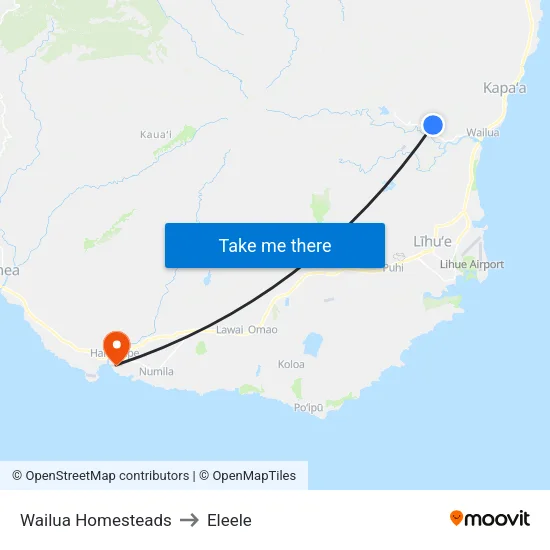 Wailua Homesteads to Eleele map