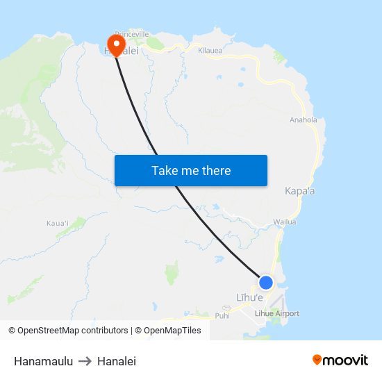 Hanamaulu to Hanalei map