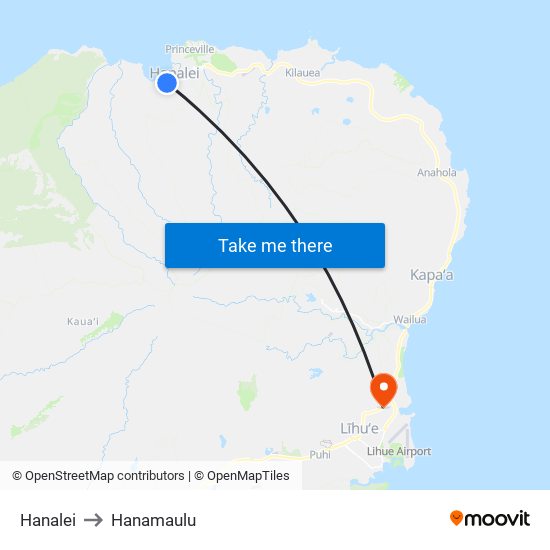 Hanalei to Hanamaulu map