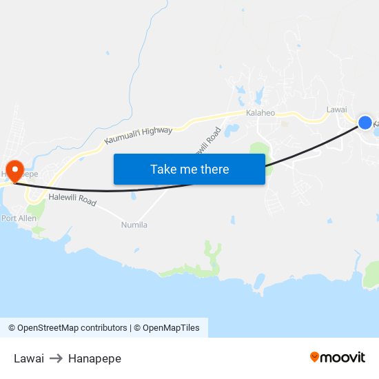 Lawai to Hanapepe map