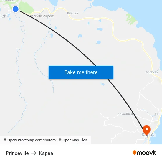 Princeville to Kapaa map
