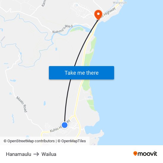 Hanamaulu to Wailua map