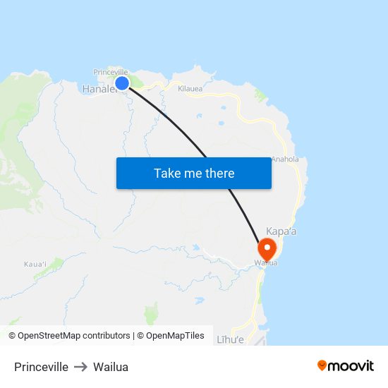 Princeville to Wailua map