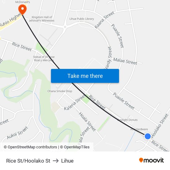 Rice St/Hoolako St to Lihue map