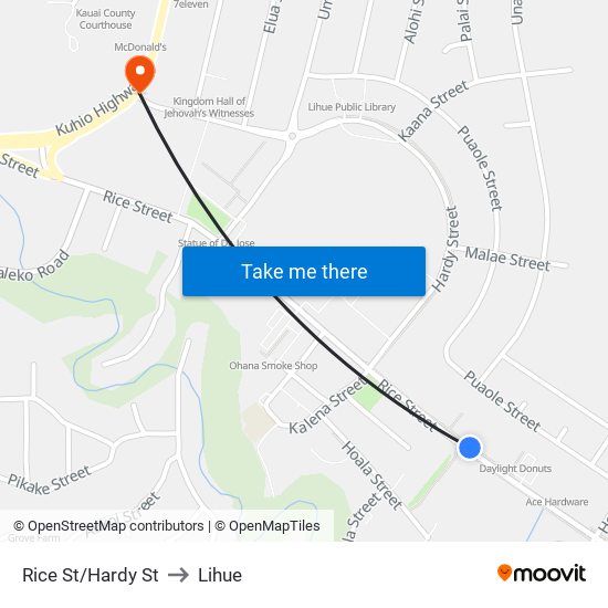 Rice St/Hardy St to Lihue map