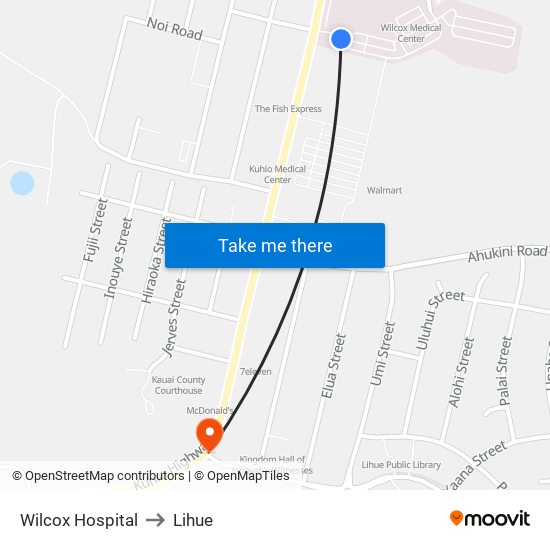 Wilcox Hospital to Lihue map