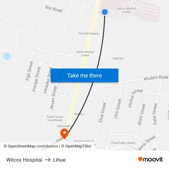 Wilcox Hospital to Lihue map