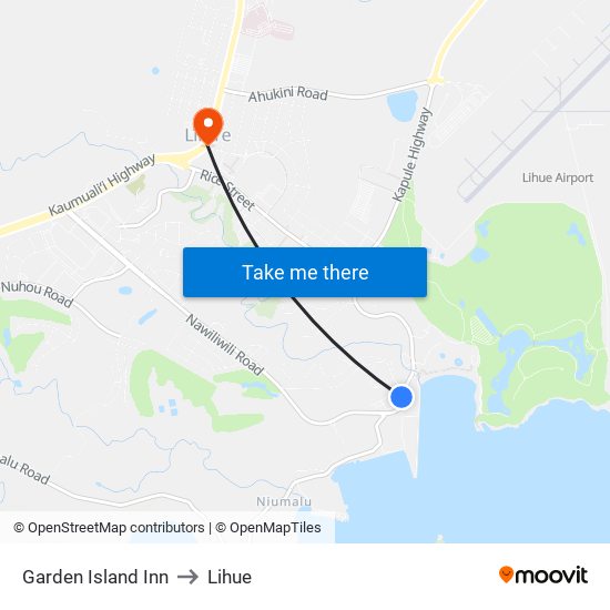 Garden Island Inn to Lihue map