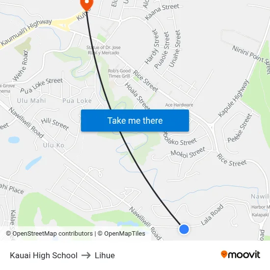 Kauai High School to Lihue map