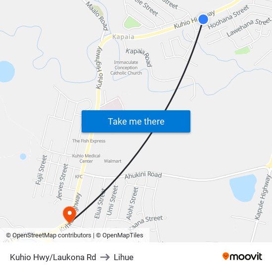 Kuhio Hwy/Laukona Rd to Lihue map