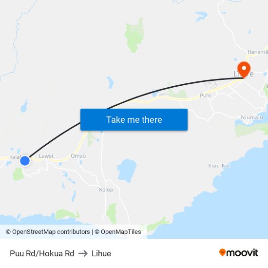 Puu Rd/Hokua Rd to Lihue map