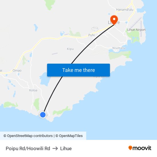 Poipu Rd/Hoowili Rd to Lihue map