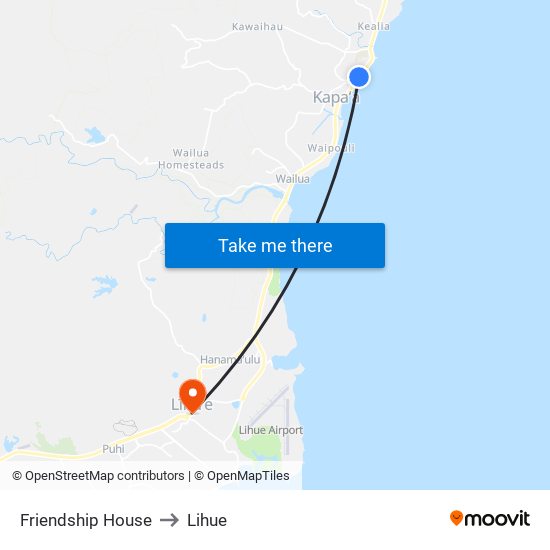 Friendship House to Lihue map