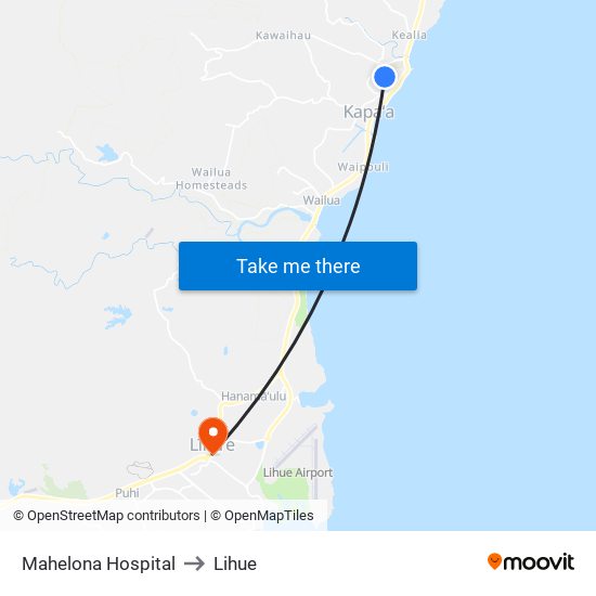 Mahelona Hospital to Lihue map