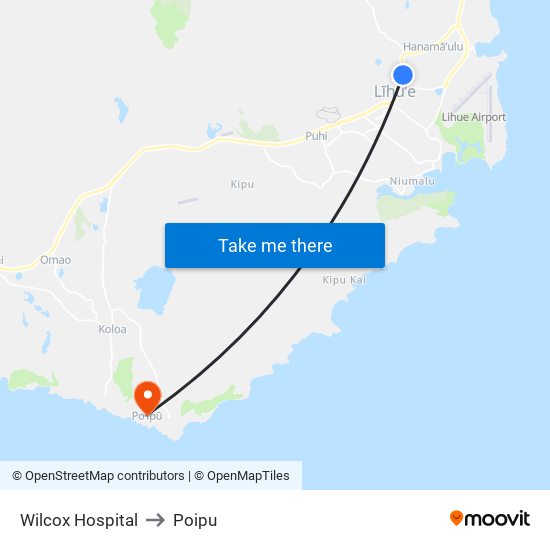 Wilcox Hospital to Poipu map
