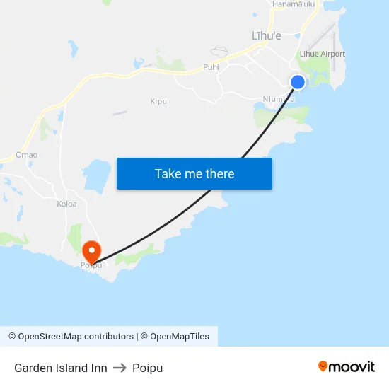 Garden Island Inn to Poipu map