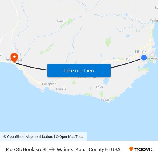 Rice St/Hoolako St to Waimea Kauai County HI USA map