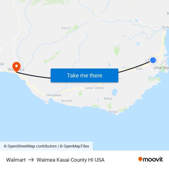 Walmart to Waimea Kauai County HI USA map