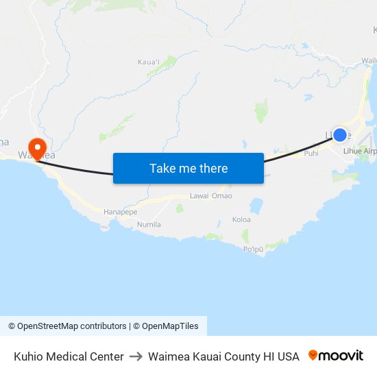 Kuhio Medical Center to Waimea Kauai County HI USA map