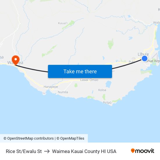 Rice St/Ewalu St to Waimea Kauai County HI USA map