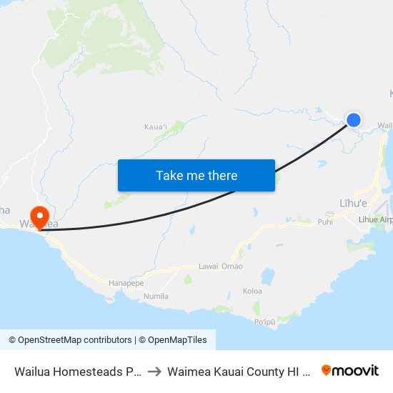 Wailua Homesteads Park to Waimea Kauai County HI USA map