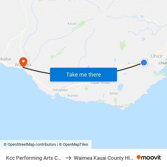 Kcc Performing Arts Center to Waimea Kauai County HI USA map
